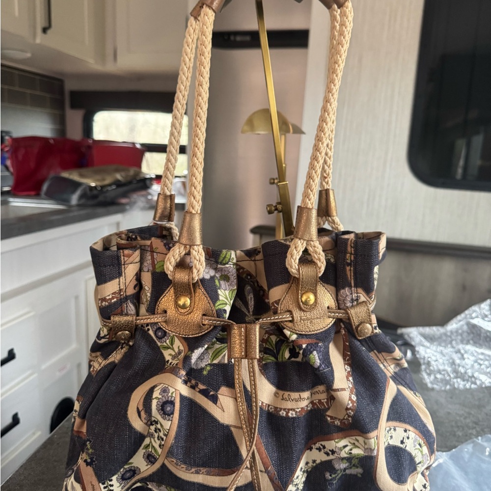 Salvatore Ferragamo Navy and Gold Shoulder Bag AUTHENTIC